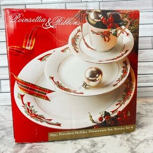 Brand New Porcelain Poinsettias & Ribbons Dinnerware Set for 4